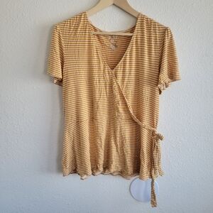Maurices Mustard Yellow White Striped Cross Tie Blouse Short Sleeve Women's XL